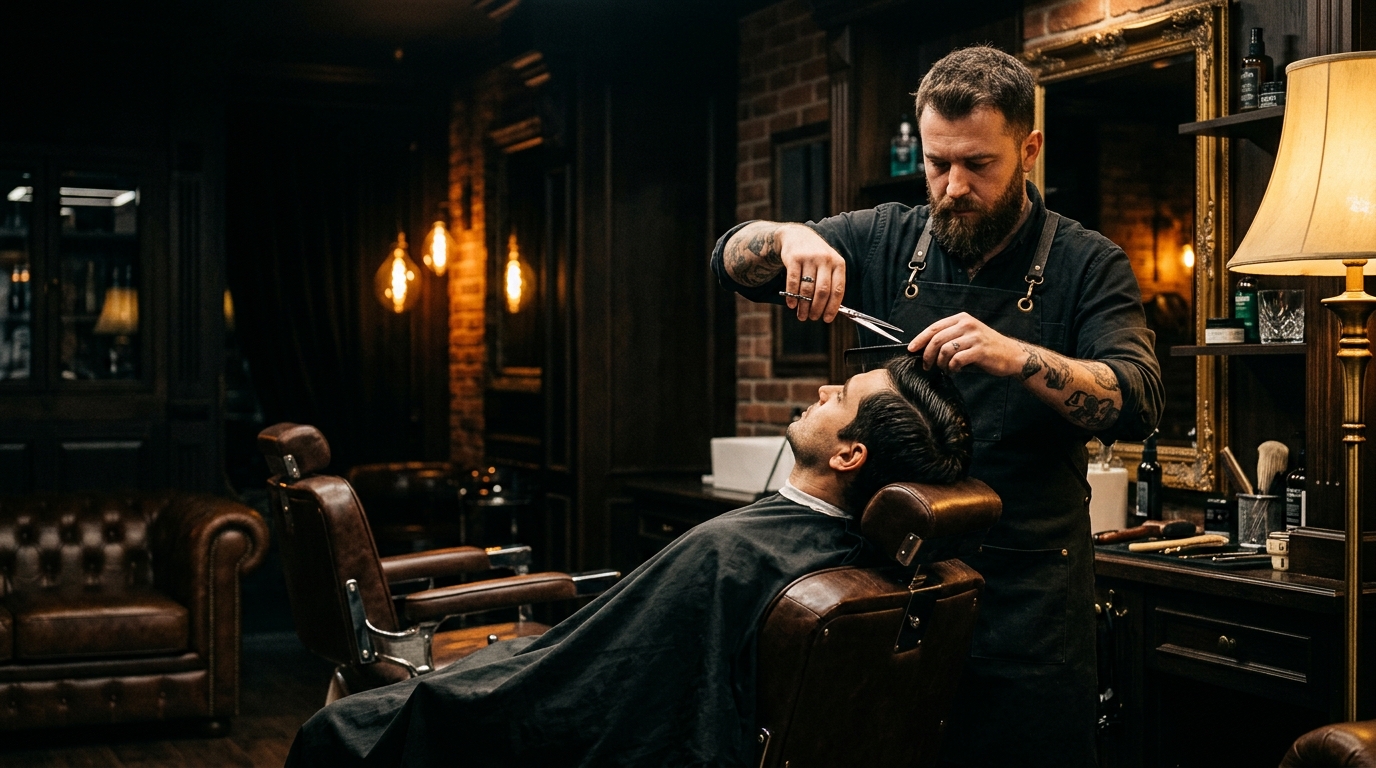 Master barber precision styling client in luxury barbershop